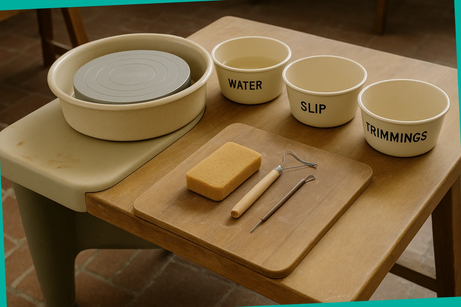 Beginner wheel setup with bats, wire cutter, sponge and clearly labelled bowls