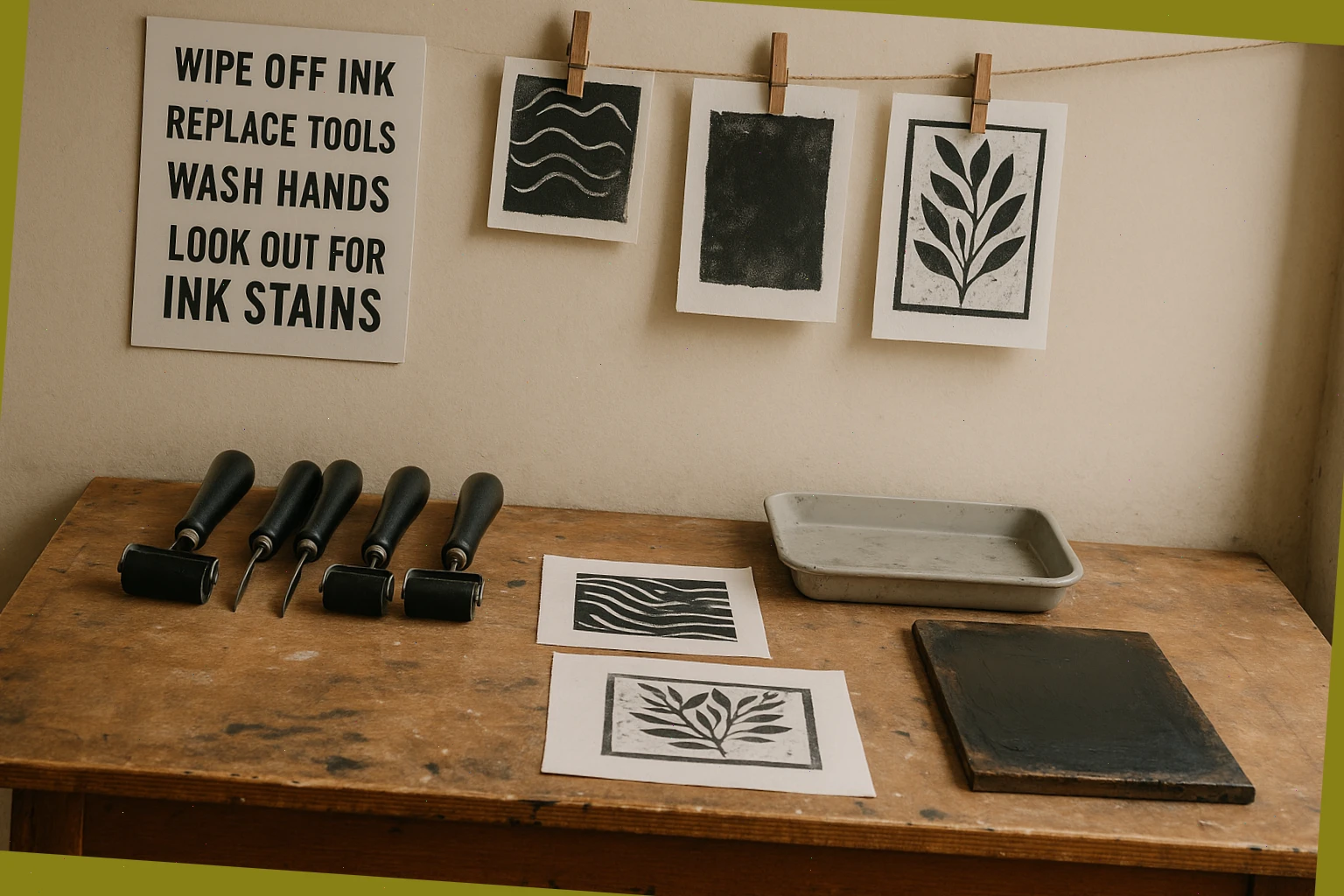 Small print bench with brayers, test proofs, drying line and safety reminders