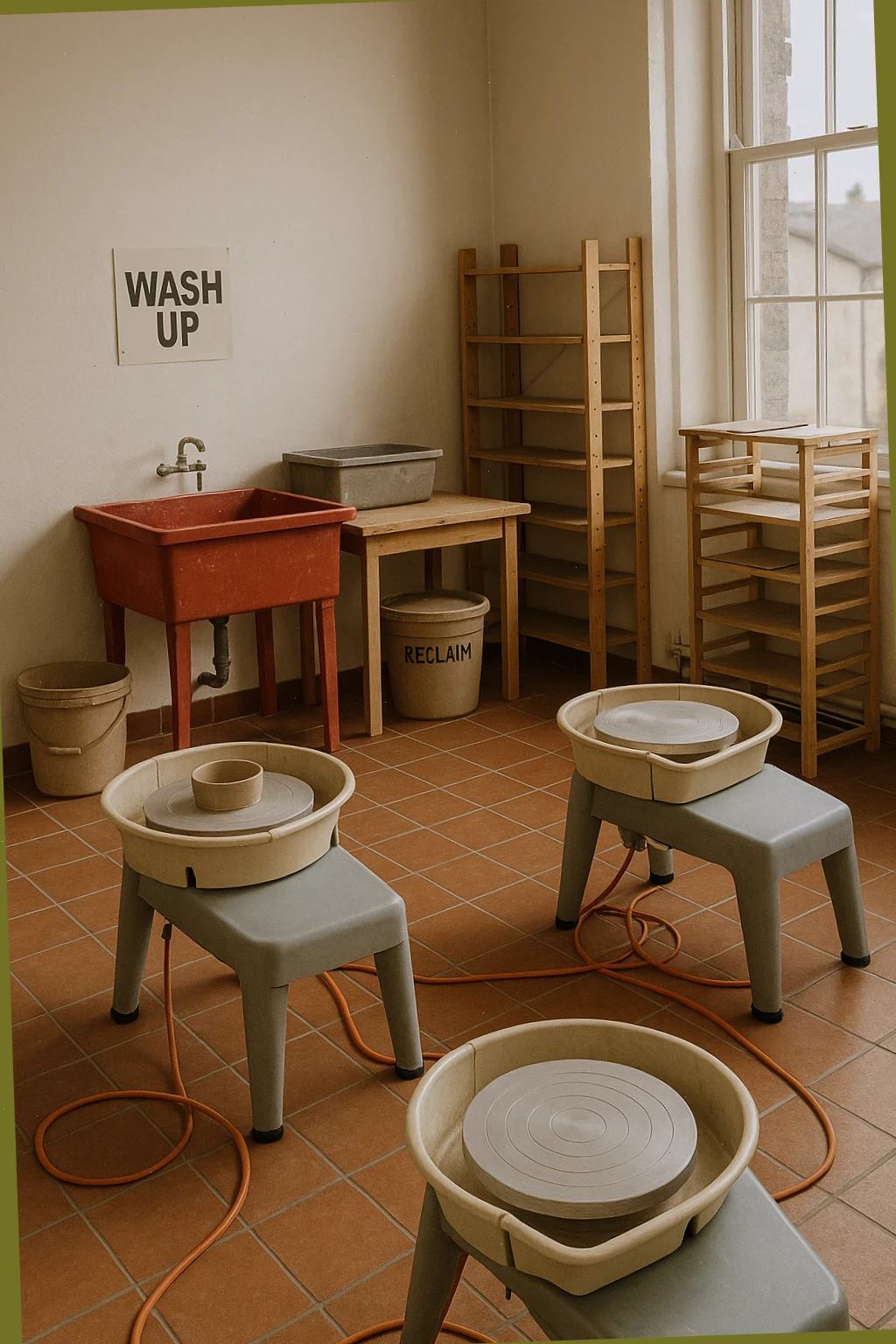 Compact ceramic studio plan with wheels, wash-up, reclaim and drying racks